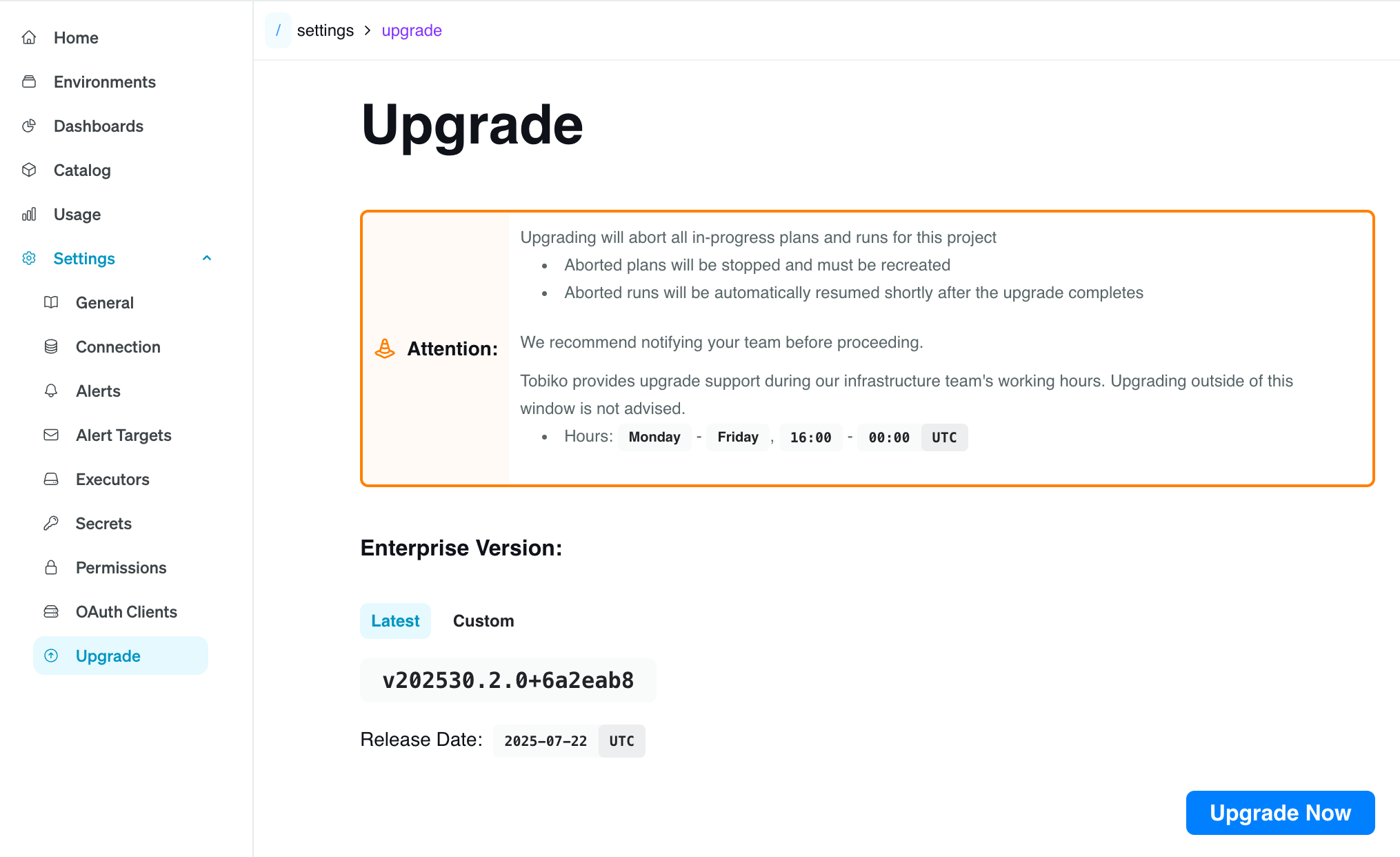 Tobiko Cloud Upgrade Page