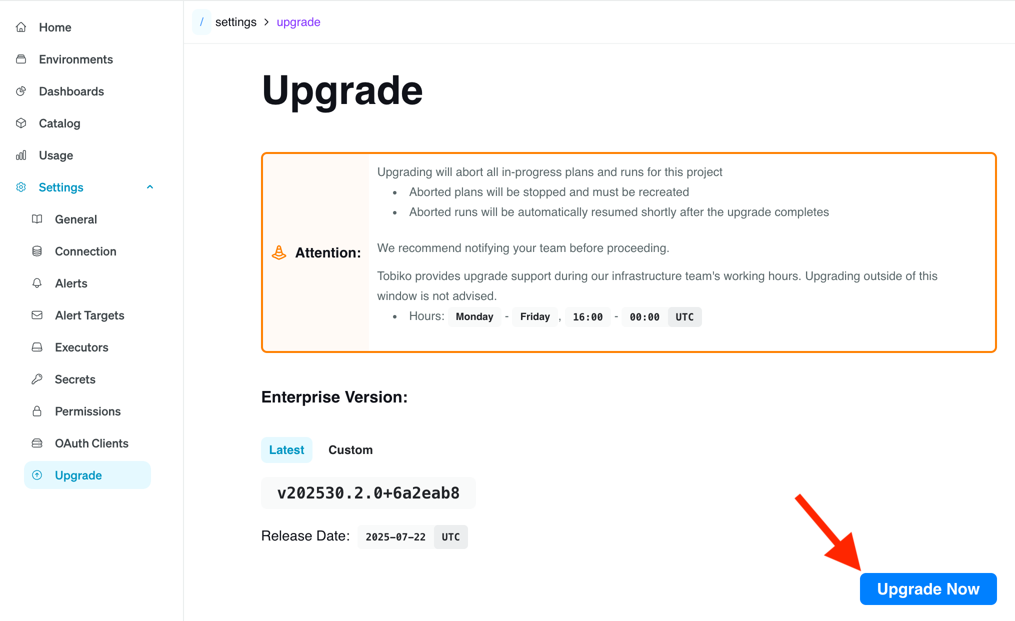 Tobiko Cloud Upgrade Page